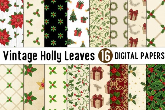 Download Vintage Holly Leaves Digital Paper - Holly Collection