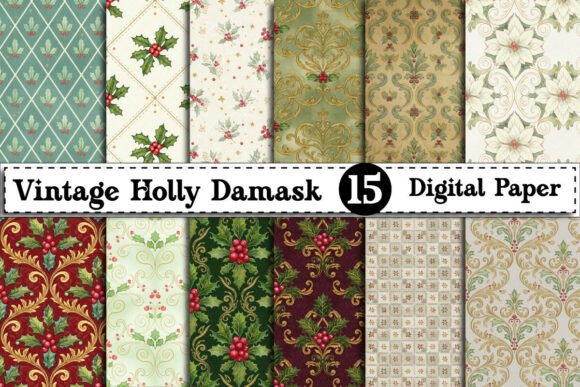 Download Vintage Holly Damask Digital Paper - Holly Collection